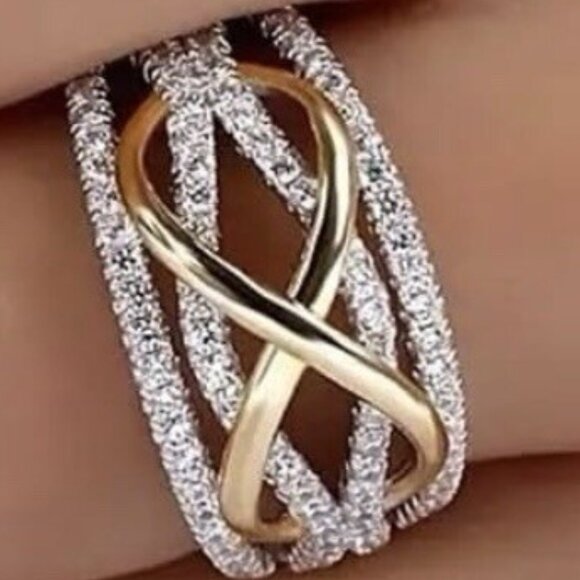 Genuine Diamond Ring Infinity Sterling Silver 18K Gold Crossover Wave size 5 - Picture 1 of 4